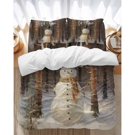 Christmas Oil Bedding Duvet Cover Set Twin Size 4 Pieces Painting Forest Snowman Bedding Set with Zipper Closure, 1 Comforter Cover 68x86 Inches 1 Flat Sheet & 2 Pillow Cases