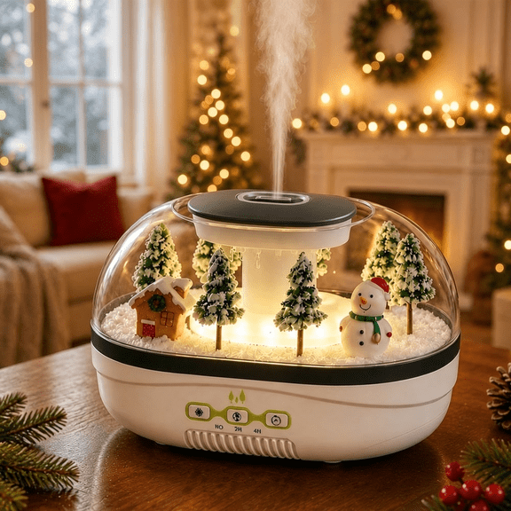 Christmas Oil Diffuser Snow Village Cool Mist Humidifier with Warm Light Quiet Operation 2/4H Timer Auto-Off for Bedroom Office Holiday Gift