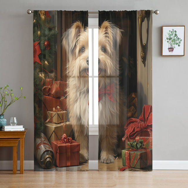 Christmas Oil Painting Dog Sheer Curtains Christmas Home Decorations