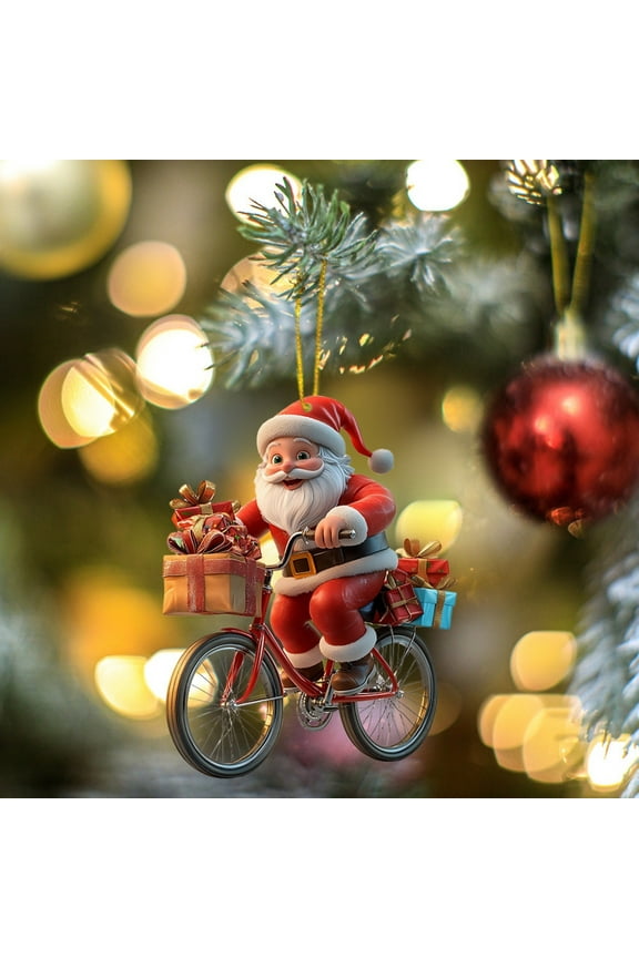Christmas Old Man Cycling Acrylic Pendant Keychain Festive Car Interior Backpack Decoration for Cyclists Holiday Gift with Lanyard Santa Claus Design