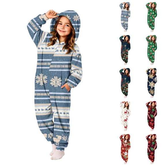 Christmas One Piece Boys Girls Jumpsuit Onesie Pajamas Zip Up Hooded Girls Fashion Holiday Cute Xmas Tree Snowflake Print Funny Soft Fall Loose Fit Sleepwear Homewear 2-12 Years