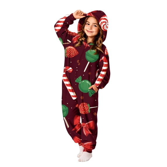Christmas One Piece Jumpsuit for Kids Pajamas Onesie Hoodie Zip Front Party Girls Clothes Novelty Xmas Tree Print Funny Fall Soft Relaxed Fit Loungewear Pajamas 2-12 Years