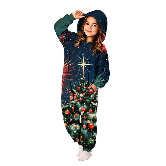 Christmas One Piece Jumpsuit for Kids Pajamas Onesie Zip Up Hooded Party Girls Clothes Novelty Xmas Tree Print Funny Soft Fall Loose Fit Sleepwear Pajamas 2-12 Years
