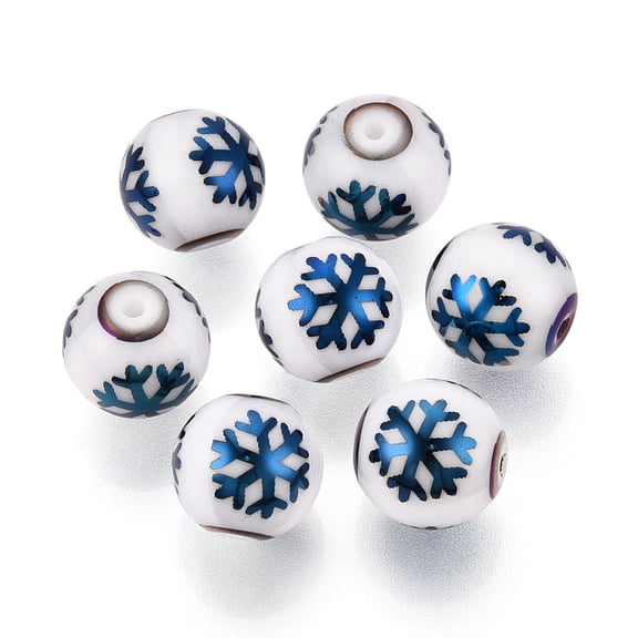 Christmas Opaque Glass Beads Round with Electroplate Snowflake Pattern Blue Plated 10mm Hole: 1.2mm White