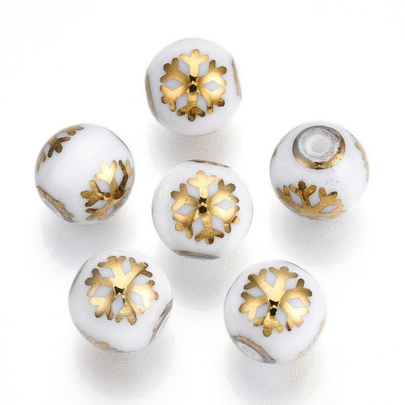 Christmas Opaque Glass Beads Round with Electroplate Snowflake Pattern Golden Plated 10mm Hole: 1.2mm