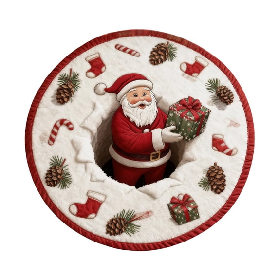 Christmas Optical Illusion Rug - Santa Claus Quilted Round Mat with 3D Depth Pattern, Non- Holiday Decor for Entryway, Living Room and Bedroom, Xmas Decorations
