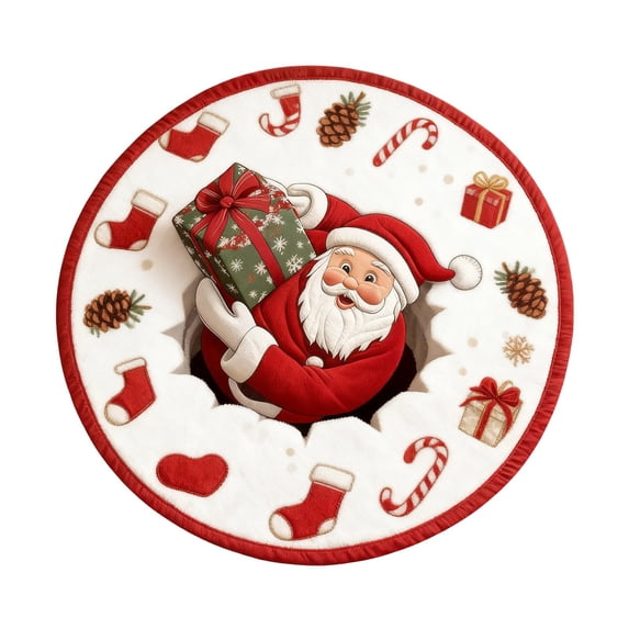 Christmas Optical Illusion Rug - Santa Claus Quilted Round Mat with 3D Depth Pattern, Non- Holiday Decor for Entryway, Living Room and Bedroom, Xmas Decorations