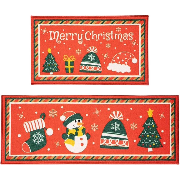 Christmas Orange Kitchen Rug Set 2 Piece, Cushioned Anti-Fatigue Kitchen Floor Mats Waterproof Easy to Clean, Comfort Standing Kitchen Mat Set with Non-Slip Latex