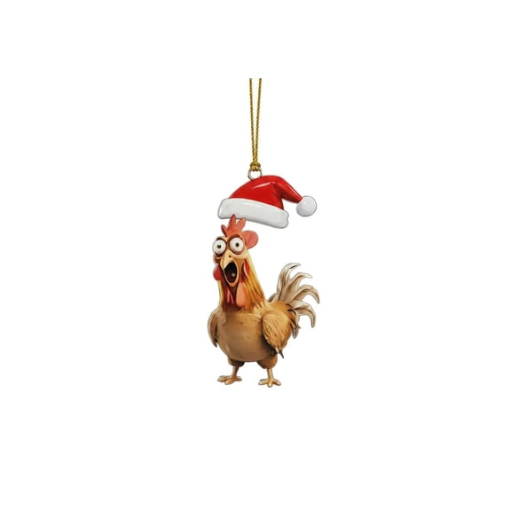 Christmas Ornament, 2D Flat Funny Rooster with Santa Hat Hanging Decor, 3.1 inch Lightweight 0.01 inch Thick Single Piece, for Christmas Tree Thanksgiving Holiday Party Home Festive Decoration