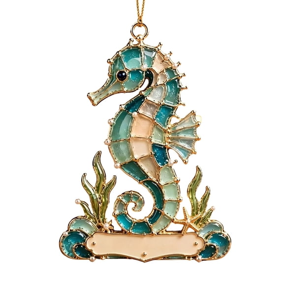Christmas Ornament, 3.15 inch Stained Glass Seahorse Hanging Ornament, Coastal Ocean Art Pendant, Christmas Tree Hanging Decor, Nautical Wall Hanging, Beach Tabletop Accent, Handmade Acrylic Craft