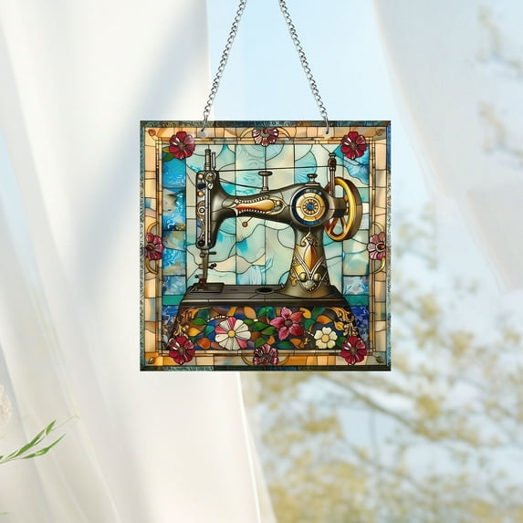 Christmas Ornament under $5! Yannianjz Vintage Sewing Machine Acrylic Suncatcher Stained Glass Effect Window Car Hanging Christmas Ornament Indoor Outdoor Decor Sun Catcher Panel for Sewing Lover