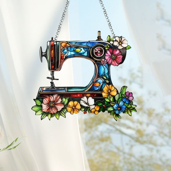Christmas Ornament under $5! Yannianjz Vintage Sewing Machine Acrylic Suncatcher Stained Glass Effect Window Car Hanging Christmas Ornament Indoor Outdoor Decor Sun Catcher Panel for Sewing Lover