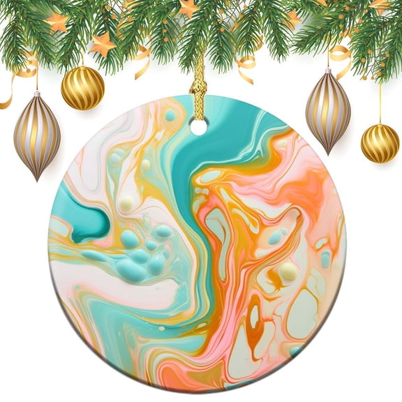 Christmas Ornament Abstract Orange, Pink And Green Marbled Tile Double Sided Porcelain 3 Inch Marble Texture Christmas Tree Hanging Accessories Merry Xmas for Family & Friends