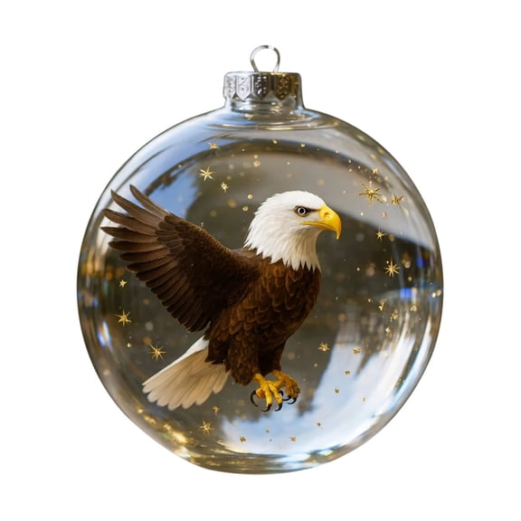 Christmas Ornament Ball – Bald Eagle Flying with Golden Star Glitter, Clear Hanging Sphere for Tree, Wreath & Holiday Display