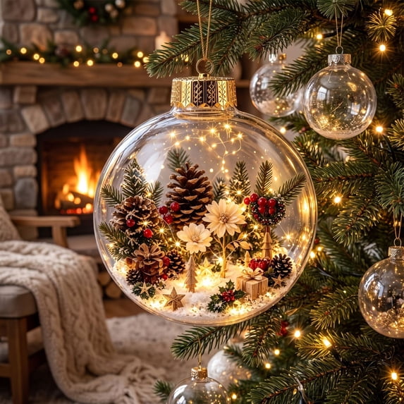 Christmas Ornament Ball with Warm LED Light 2D Acrylic Clear Hanging Pendant for Holiday Tree Decor and Gift Giving
