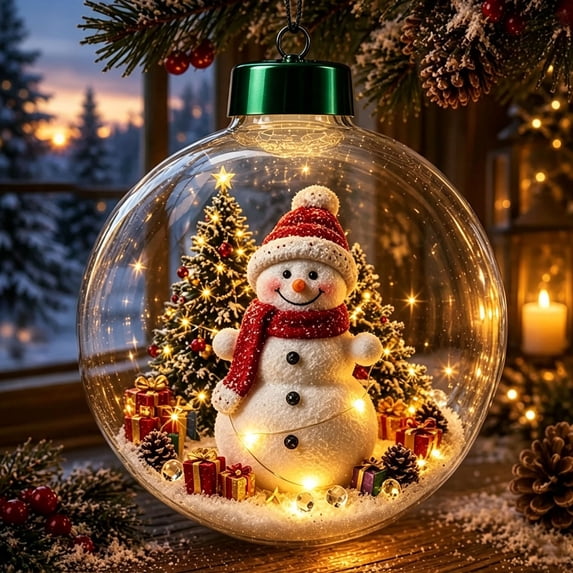 Christmas Ornament Ball with Warm LED Light 2D Acrylic Clear Hanging Pendant for Holiday Tree Decor and Gift Giving