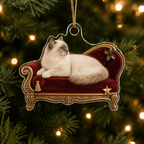 Christmas Ornament Birman Cat Reclining on French Recamier Acrylic Tree Decoration for Cat Lovers