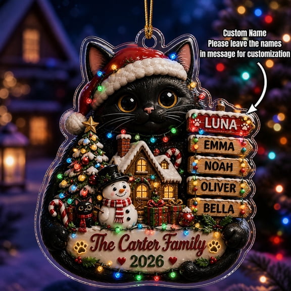 Christmas Ornament Black Cat Holiday Lights Acrylic Tree Hanging Personalized Family Gift