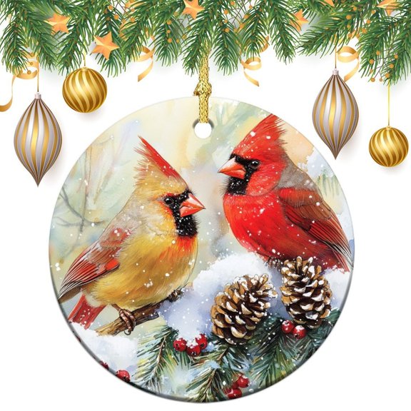 Christmas Ornament Cardinal Red Birds Berry Wreath Pine Cones Keepsake Ceramic Ornament Farmhouse Holiday Winter Gift Christmas Tree Ceramic Ornament Decoration