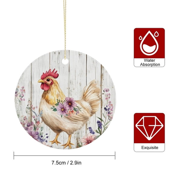 Christmas Ornament Chicken with Flowers Christmas Keepsake Rooster Chicken Lover Christmas Round Ornament Housewarming Gift Ideas Round Porcelain Ornament Personalized Xmas Tree Ornament