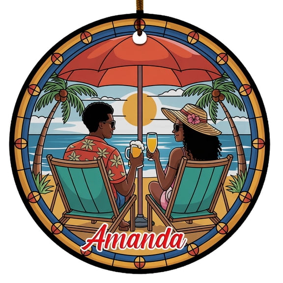 Christmas Ornament Christmas 2025 Custom Text, Wedding or Anniversary Keepsake Ornament for Husband & Wife, Vacation or Honeymoon Gift, Beach and Tree Theme