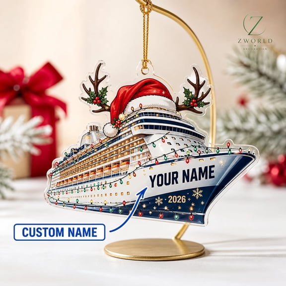 Christmas Ornament Custom Name Cruise and Reindeer Acrylic or Wooden Tree Hanging Decor for Christmas