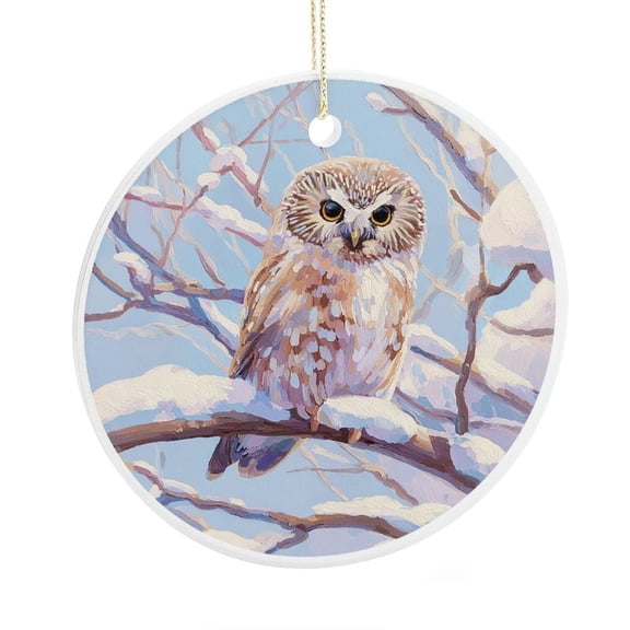 Christmas Ornament Customized Round Ceramic Ornament Owl Sitting on A Tree Branch in A Winter Scene-4 Keepsake Funny Christmas Hanging Tree Decor Ornament for Family Friend