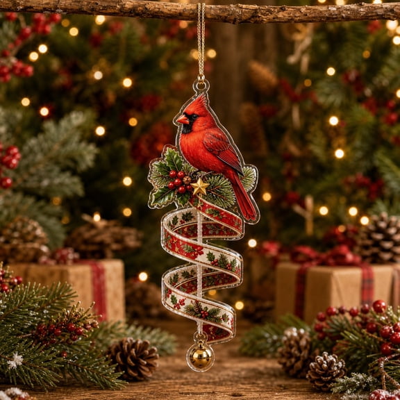 Christmas Ornament Decor Red Cardinal Spiral Acrylic Tree Hanging for Winter Holiday Bird Lovers