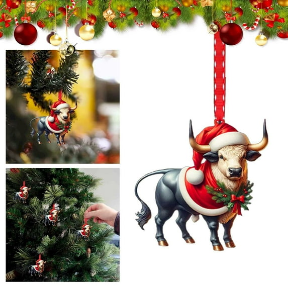 Christmas Ornament Double Printing Acrylic 2D Pet Ornaments Christmas Tree Decor Xmas Ornament for Family Kids Friends/ Small Animal Pendant Cow