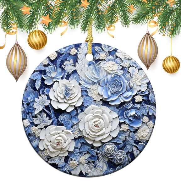 Christmas Ornament Elegant Vintage Farmhouse Personalized Christmas Ornament Blue And White Tile China Decor Xmas Tree Decorations Flat Circle Ceramic Ornament Merry Xmas for Family & Friends