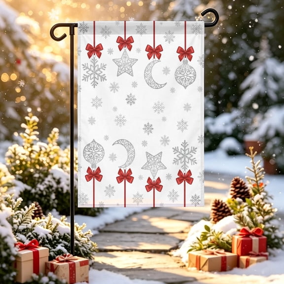 Christmas Ornament Garden Flag 12x18 inch Winter Red Ribbon Bow White Snowflake Moon Star Double Sided Small Decorative Garden Flags for Outside, Outdoor Yard Porch Lawn Decoration