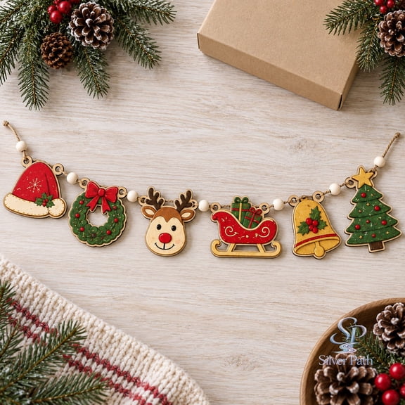 Christmas Ornament Garland, Santa Hat, Reindeer, Sleigh, Wreath, Bell and Tree, Wooden Mantel Hanging for Holiday Hosts