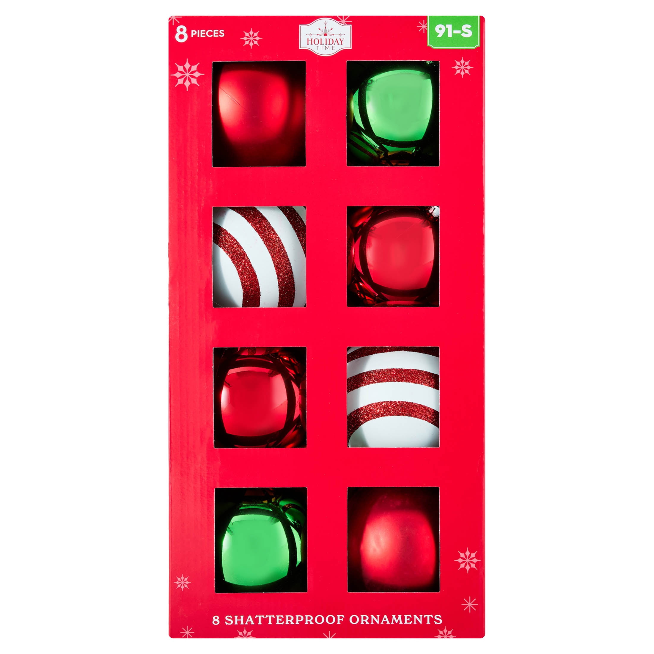 8-Count Red/Green/White Ball Shatterproof Christmas Ornaments, 4.5", by Holiday Time