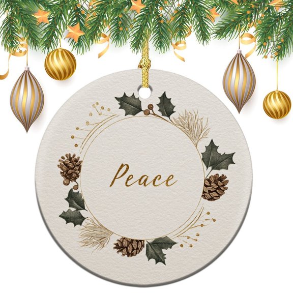 Christmas Ornament Hello Winter Holiday Christmas Decoration Keepsake Ornament Peace with Holly Berries, Pine Cones Collectible Present Gift Xmas Tree Decoration Xmas Gift