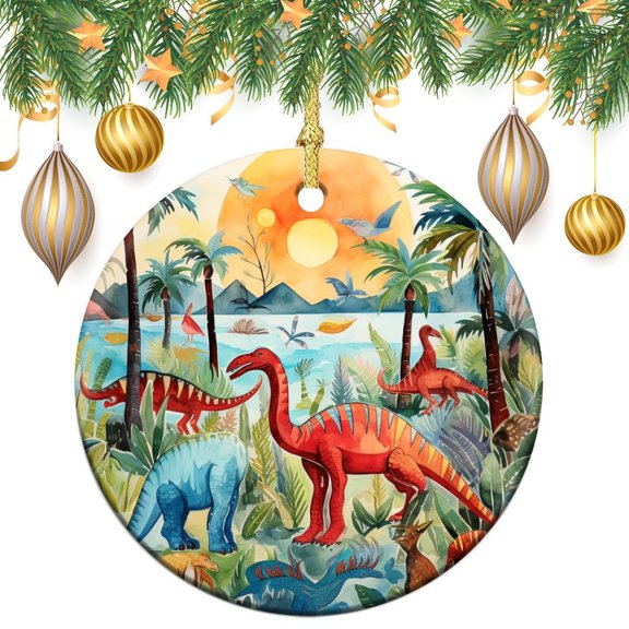 Christmas Ornament Kawaii Dinosaur Double-Sided Printed 3" Ceramic Christmas Ornament Dinosaurs And Palm Trees Holiday Ornament for Home Christmas Tree Decor Gifts for Women Men On Christmas