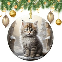 Christmas Ornament Kitten Sitting In The Snow Double-Sided Ceramics Ornaments Valentine's Cat Lover Holiday Ornament for Home Christmas Tree Decor for Family Friend