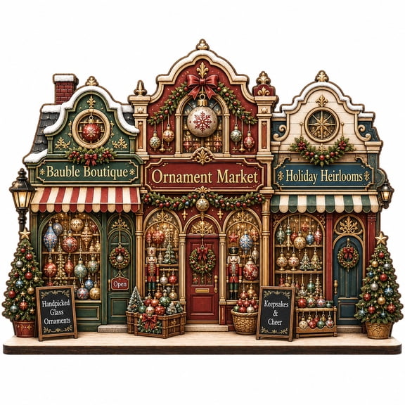Christmas Ornament Market Row Wooden Block Tabletop Display for Holiday Shop Decor