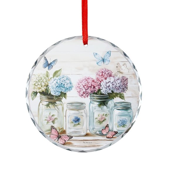 Christmas Ornament Mason Jars Hydrangeas Butterflies Round Christmas Ornament Wildflower Mason Jar Butterfly Hanging Craft Collectibles for Xmas Trees Home Party Gifts