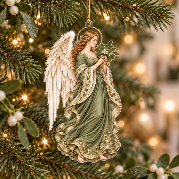 Christmas Ornament Mistletoe Angel in Dusty Green Gown Acrylic Tree Decoration for Holiday Gifting