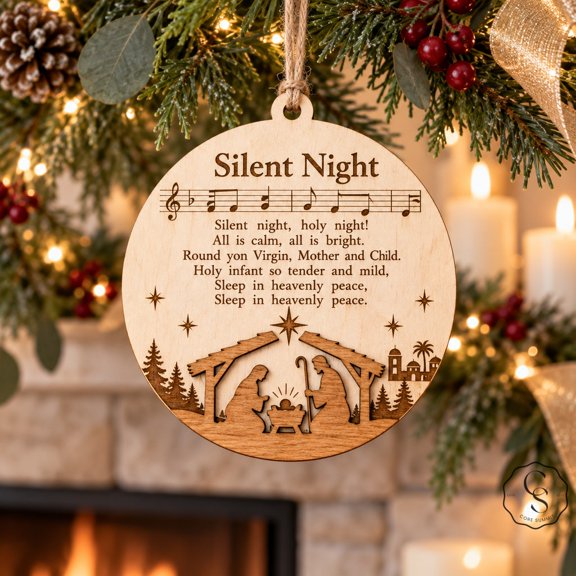 Christmas Ornament, Nativity Scene Silent Night Hymn, Wooden Tree Decoration for Christian Households