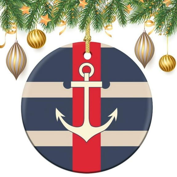 Christmas Ornament Nautical Ship Boat Christmas Ornament Keepsake Navy Blue, White And Red Stripes with An Anchor for Boys Girls Round Ceramic Christmas Decoration Holiday Present