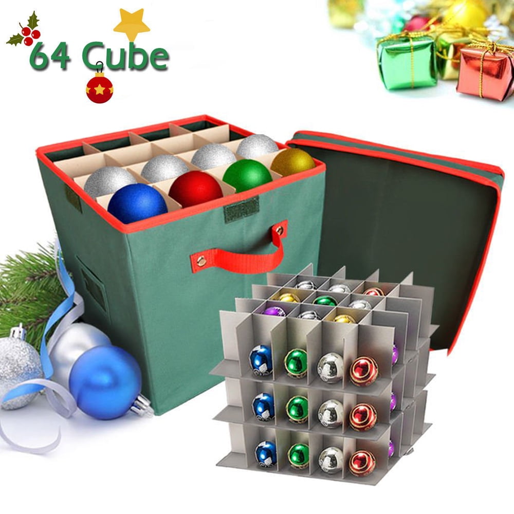 Ayieyill Christmas Ornament Storage Chest, Ornament Storage Box Holiday  Ornament Organizer Holds 64 Balls w/ Dividers, Green,(L) 12''x (W) 12''x  (H)