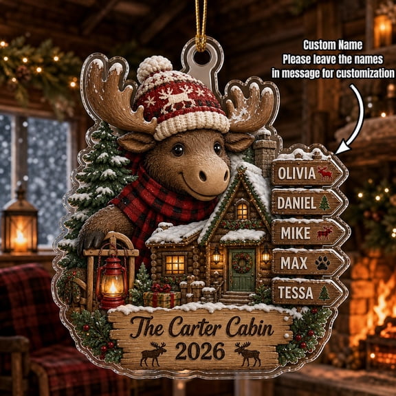 Christmas Ornament Personalized Moose Cabin Acrylic Tree Hanging for Family Holiday Gift