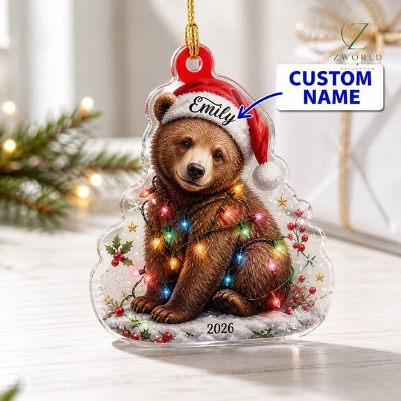 Christmas Ornament Personalized Name Bear with Christmas Lights Flat 2D Tree Hanging Decor