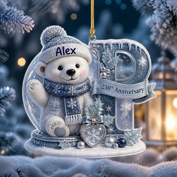 Christmas Ornament Personalized Polar Bear Snow Globe Letter P Acrylic Tree Hanging Anniversary Gift
