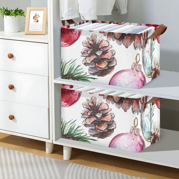 Christmas Ornament Pine Cones Foldable Storage Large Fabric Storage Baskets Organizer Storage Bins with Handles for Shelves