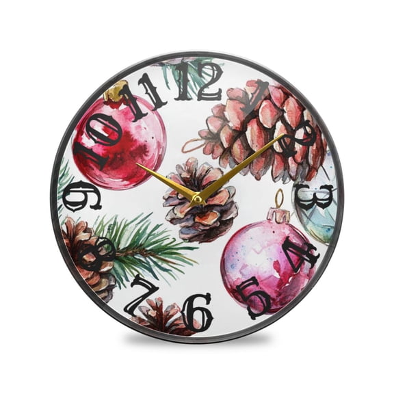 Christmas Ornament Pine Cones Wall Clock 10 Inch Silent Non Ticking Battery Operated Easy to Read for Kitchen Living Room