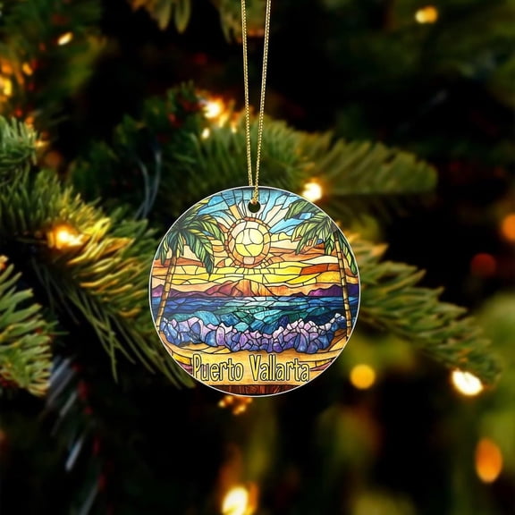 Christmas Ornament Puerto Vallarta Honeymoon Vacay Travel Gift Acrylic 2024 Christmas Ornament Beautiful Beach with Coconut Palm Tree Circular Ornament for Christmas Tree Decoration