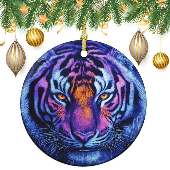 Christmas Ornament Purple Tiger Face Keepsake Ceramic Ornament Tiger Head Xmas Tree Decoration Gifts Keepsake for Family