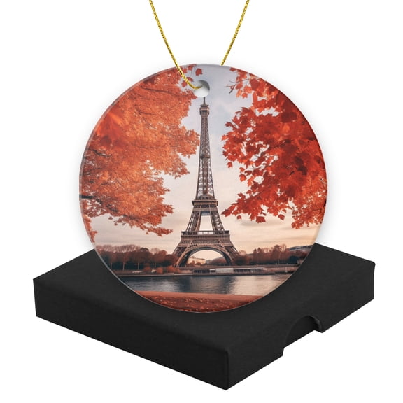 Christmas Ornament Round Ceramic Keepsake Holiday Present Christmas Decoration for Tree 2.95inStunning Autumn Scene of The Eiffel Tower in Paris